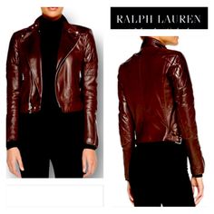 Luxury Classic Ralph Lauren Black Label Made In Italy Leather Biker Jacket With Touch Of Modern Dark Burgundy Color. Butter Soft Lamb Leather Slim Fit. Intended To Hit At The Hip. Snapped Notch Lapels. Asymmetrical Two Way Full-Zip Front. Long Sleeves With Zip Gussets At The Cuffs. Dimond Quilted Details On Shoulders And Sleeves. Two Zip Pockets In Front. On Sh Left Chest Zip Pocket. Left Waist Snapped Pocket. Two Front Waist Zip Pockets. Two Buckled Self-Tabs At Each Side. Fully Lined. Lightly Dark Cherry Red, Classic Ralph Lauren, Ralph Lauren Black Label, Dark Burgundy, Leather Biker Jacket, Burgundy Color, Cherry Red, Black Label, Biker Jacket