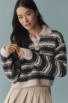 Has sweater weather ever looked (and felt) this good? The Maeve Striped Polo Sweater features a classic polo neckline and bold stripes. | Striped Polo Sweater by Maeve in Black, Women's, Size: 2XS, Polyester/Acrylic at Anthropologie Polo Jumper, Anthropologie Uk, Polo Sweater, Bold Stripes, Knitwear Women, Sweater Weather, Jumpers And Cardigans, Turtleneck Sweater, Black Sweaters