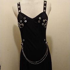 2 New Midi Dresses Poly Spandex Stretch Front Back Darts Fit & Flare 1" Straps With Gromets Size Small 16" Ptp X 39 Long Medium Ptp 17 X 39 Removable Chains Black Y2k, Y2k Dress, Goth Dress, Black Sleeveless, Midi Dresses, Fit & Flare, Midi Dress, Spandex, Womens Dresses