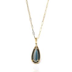 * ORIGINAL DESIGN----- This pendant is made with high-quality genuine AAA nice swiss blue elongated cushion topaz & genuine SI diamonds. Classic yet fashionable. The luxury natural navy blue topaz. The style is simple and luxurious. The angles and lines are so beautiful. It's a perfect gift for yourself and your love. * Specifications: Approx.T & G Weight (Chain included): 8.54 g Chain Width: 3.18 mmMaterial: 18k Yellow Gold,Primary Stone Type: Natural Swiss Blue TopazPendant Dimensions (L, W, H Luxury Blue Teardrop Pendant Necklace, Luxury Blue Teardrop Pendant Jewelry, Elongated Cushion, Best Gifts For Her, Swiss Blue Topaz, Stone Cuts, Beautiful Gift Boxes, Pear Cut, Blue Topaz