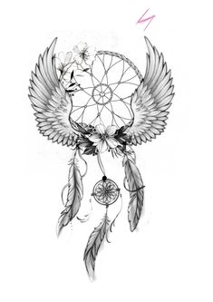 a black and white drawing of a dream catcher with feathers on it's wings