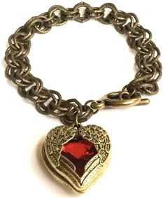 Angel Wings Heart Bracelet Red Crystal Goth Gothic Vintage Gold Plated Chunky 8" Angel Wings Bracelet, Chunky Gold Jewelry, Vampire Jewelry, Angel Wing Bracelet, Sterling Silver Heart Earrings, Gold Heart Bracelet, Vintage Style Necklace, Silver Heart Earrings, Gothic Vintage