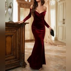 New Luxe Velvet Wrap Off Shoulder Formal Maxi Dress * Long Sleeve * Wrap Ruched V Neck * Off Shoulder * Zip Back * Fitted Stretch Skirt * Mermaid Flare Hem *Approximate Unstretched Measurements* Xs (2) * Bust 30.75"(Up To 34") * Waist 25.25"(Up To 26") * Length 55.5" Small (4) * Bust 31.5"(Up To 35.25") * Waist 26"(Up To 27.5") * Length 55.5" Medium (6) * Bust 33"(Up To 37") * Waist 27.5"(Up To 29") * Length 55.5" Large (8/10) * Bust 35.25"(Up To 39.25") * Waist 30"(Up To 31.5") * Length 55.5" X Dark Red Off The Shoulder Dress, Deep Red Velvet Dress, Burgundy Wedding Dress Brides, Burgundy Prom Dress Long Sleeve, Elegant Long Sleeve Burgundy Evening Dress, Red Long Sleeve Evening Dress For Winter, Red Long Sleeve Evening Dress For Fall, Elegant Red Evening Dress For Winter, Red Long Sleeve Evening Dress For Night Out