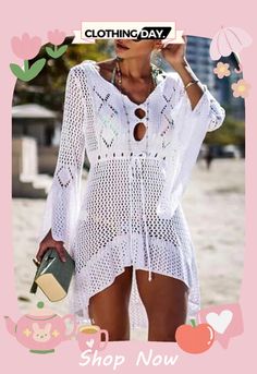 Women's Casual Hollow-out Knitted Flare Sleeve Beach Blouse Summer V-neck Open Knit Cover-up, Spring Knit V-neck Cover-up, White Knit Beachwear Cover-up, Summer Crochet Top For Vacation Beach Cover-up, Spring White Knit Cover-up, Summer V-neck Knitted Top, White Knitted Cover-up For Vacation, Summer V-neck Hollow Out Top, Casual V-neck Crochet Top For Beach