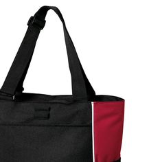 This tote has a secure zippered top and adjustable webbing handles for easy carrying.600 denier polyester canvas Zippered opening Large front pocket for easy decoration Adjustable web handles Pen holder loops Two side mesh pockets Dimensions: 14.875 h x 13.25 w x 5.125 d; Approx. 1 010 cubic inches Note: Bags not intended for use by children 12 and under. Includes a California Prop 65 and social responsibility hangtag. Suggestions: Panel tote bag Set of 2 bags Stylish tote bag Functional tote Du Sporty Black Canvas Bag, Sporty Canvas Bag With Zipper Closure, Stylish Tote Bag, Port Authority, Social Responsibility, Bag Set, Pen Holder, Simple Decor, Black Red