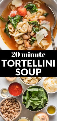 tortellini soup in a bowl with spinach, tomatoes and other ingredients