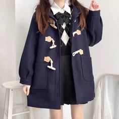 size: L, Color: Black Rain Coat Aesthetic, Woolen Coat Woman, Fashion Illustration Dresses, Tomboy Style Outfits, Kawaii Aesthetic, Rain Coat, Woolen Coat, Coat Women, Tomboy Fashion