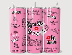 three pink cans with stickers on them and the words punk written in different languages