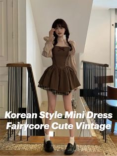 Korean Style Kawaii Brown Mini Dress Women Fairycore Cute Vintage One Piece Long Sleeve Tunic Princess Dresses Autumn Cute Mini Dress For Fall, Cute Fall Mini Dress, Cute Vintage Dresses, Vintage One Piece, Brown Mini Dress, Dresses Autumn, Style Kawaii, Princess Dresses, January 2024