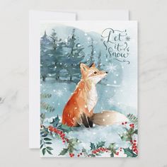 a watercolor painting of a fox sitting in the snow