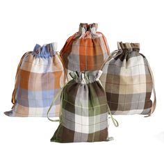 three plaid bags with ties on them