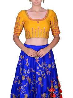 Siddhi Shah -  Royal Blue Raw Silk Pitta Embroidered Lehenga and Mustard Yellow Embroidered Blouse Set. - Trendroots Yellow Silk Lehenga, Raw Silk Lehenga, Georgette Dupatta, Embroidered Lehenga, Silk Lehenga, Thread Embroidery, Indian Fashion Dresses, Embroidered Blouse, Raw Silk