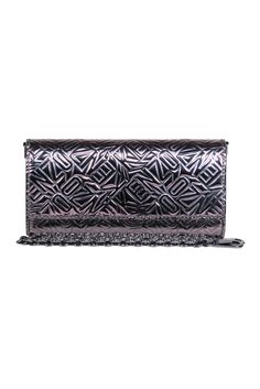 Current Boutique-KENZO - Gunmetal Metallic Logo Embossed Crossbody Silver Rectangular Wallet On Chain With Strap, Silver Crossbody Evening Bag, Silver Rectangular Wallet On Chain For Formal Occasions, Silver Rectangular Wallet On Chain For Formal Events, Silver Wallet On Chain For Evening, Silver Evening Wallet On Chain, Silver Luxury Crossbody Clutch, Luxury Silver Crossbody Clutch, Silver Rectangular Wallet On Chain For Evening