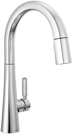 a kitchen faucet with chrome finish on the side and an angled spout