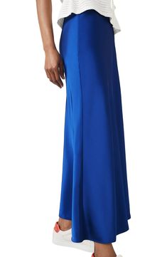 Complete your look with the understated sophistication of this smooth satin midi skirt. Pull-on style 100% polyester Machine wash, line dry Imported Blue Satin Bottoms For Formal Occasions, Formal Blue Satin Bottoms, Blue Fitted Satin Skirt, Elegant Blue Satin Bottoms, Satin Lined Workwear Maxi Skirt, Satin Lined Maxi Skirt For Work, Blue Satin Evening Skirt, Satin Maxi Skirt For Workwear, Elegant Blue Midi Bottoms