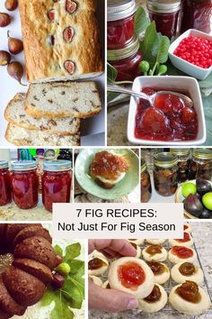 several different pictures with jams, bread and fruit in them on the same page