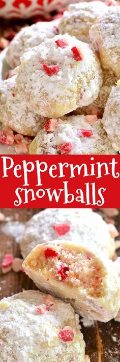 peppermint snowball cookies on a wooden table