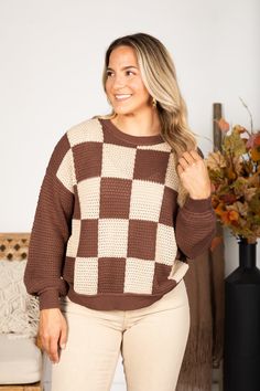 Product Details Colors: Brown, Beige Print: Checkered Neckline: Round Sleeve: Long Sleeve Hemline: Straight Brand: Blu Pepper Material and Care 100% Cotton Hand Wash Cold Hang/Line Dry Size and Fit Small: Bust 46" Waist 44" Length 22" Medium: Bust 48" Waist 46" Length 22" Large: Bust 50" Waist 48" Length 22" Photo model is 5'7" and wearing size small Checkered Crochet, Crochet Knit Sweater, Brown Checkered, Colors Brown, Brown Sweater, Brown Beige, Knit Sweater, Sweaters & Cardigans, Mood Board