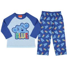 If you're a fan of the classic Nickelodeon series known as Blue's Clues, featuring the dog known as Blue and the host who invites the audience to find clues with them in an interactive setting, you're going to love this merch! This Blue's Clues pajama-top features Blue with the name "Blue" under. The pajama pants feature an all-over print of Blue. The whole pajama set is made of a 100percent soft polyester fabric blend. Size: 5t. Gender: male. Age Group: kids. Blue Cotton Character Print Sets, Blue Cotton Sets With Character Print, Blue Character Print Playwear Sets, Blue Character Print Sleepwear For Playtime, Blue Character Print Loungewear Sets, Blue Character Print Sets For Playwear, Blue Long Sleeve Sleepwear With Character Print, Blue Cotton Sleepwear With Character Print, Blue Playful Character Print Sets