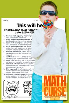 a young boy holding a lollipop in front of his face with the words math curse on it