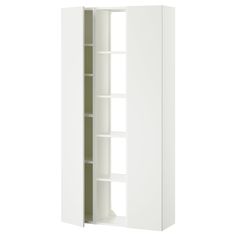 a tall white cabinet with shelves and doors