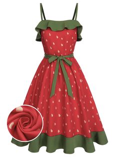 Red 1950s Strawberry Ruffle Belt Dress - FAVORITES Strawberry Outfit, Short Knit Dress, Strawberry Stuff, Retro Stage, Strawberry Dress, Standard Dress, Dress Retro, Belt Dress, Long Sleeve Knit Dress