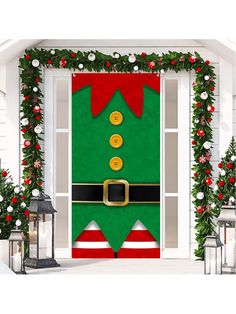 a christmas door decorated with green and red decorations