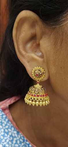 22 karat gold "lakshmi" jhumkas (buttalu) - gold dangle earrings with color stones (temple jewellery) - 235-GJH2477 - in 17.650 Grams for USD $1,990.75 USD. 
Made in India by Totaram Jewelers Online this product is in Gold - 22 Karat BIS Hallmark 916 Gold  & is an excellent gift for Adult - Women. Ships fully insured with secured guaranteed delivery for free with your order over $250 from New Jersey USA & comes with 30 days exchange policy. Navratri Gold Cutdana Jhumkas, Gold Jhumkas For Navratri Puja, Gold Jhumkas For Puja And Navratri, Gold Chandbalis With Latkans In Temple Jewelry Style, Gold Temple Jewelry Chandbalis With Latkans, Gold Jhumkas For Puja And Festive Occasions, Festive Gold Jhumkas For Puja, Gold Cutdana Jhumkas For Festivals, Yellow Gold Jhumkas With Latkans For Wedding