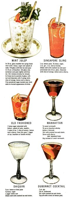 an old recipe book shows different types of cocktails and drinks in glass bowls with spoons