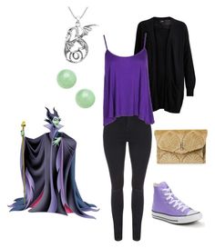 a purple shirt, black pants and converse sneakers are all part of this disney - themed outfit