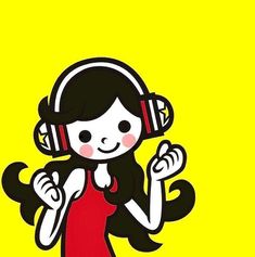 a cartoon girl with headphones on her ears and holding a cell phone in one hand