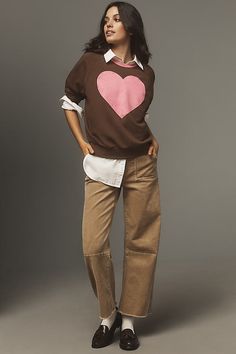 Hot off the press: laidback tees with gotta-have graphics. | Heart Ringer Graphic Sweatshirt by Letluv in Brown, Women's, Size: Smallmall, Cotton/Elastane at Anthropologie Fall Streetwear Top With Heart Graphic, Cotton Heart Graphic T-shirt For Fall, Cotton T-shirt With Heart Graphic For Fall, Fall Cotton T-shirt With Heart Graphic, The Press, Anthropologie, Graphic Sweatshirt, Sweatshirts, Purple