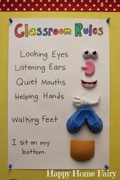 a classroom rules sign with an image of a cartoon character on it's face