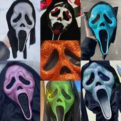 four different masks with various colors and designs on them, including one wearing a black hoodie