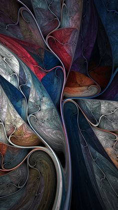 an abstract painting with multiple colors and curves in the form of waves on a black background