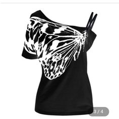 Off Shoulder...Lot Buy As Is Black Printed Summer Tops, Casual Black Tops With Butterfly Print, Casual Black Top With Butterfly Print, Black Tops With Butterfly Print For Spring, Fitted Black Top With Butterfly Print, Ladies T Shirts, Women Tees, Harajuku Outfits, Ruffles Fashion