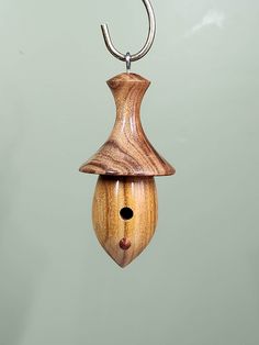 a wooden birdhouse hanging from a metal hook