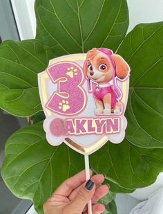 a person holding up a cake topper with a dog on it and the number three