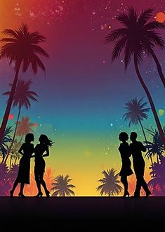 silhouettes of people walking in front of palm trees and the sky with bright colors