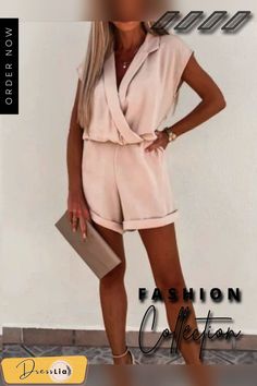 Summer Elegant Lapel Short Sleeves Jumpsuit Ladies Fashion V-neck Crossover Design Office Playsuits Casual Solid Loose Rompers Playsuit Pattern, Wrap Playsuit, Loose Romper, Size 10 Models, Summer Elegant, Short Sleeve Jumpsuits, Jumpsuits And Romper, Design Office, Jumpsuit With Sleeves