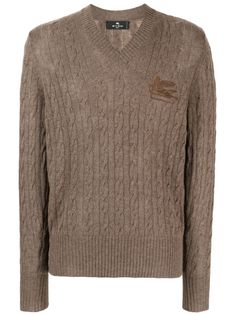 coffee brown cashmere cable knit signature Pegaso motif embroidered logo at the chest ribbed V-neck long sleeves ribbed cuffs and hem Cashmere Jumper, Coffee Brown, Knitwear Men, Alpaca Wool, Wool Cardigan, Logo Embroidered, Stripes Pattern, Cable Knit, Sweater Outfits