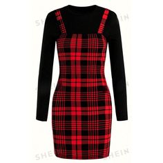 Tops Composition: 67% Polyester, 30% Viscose, 3% Elastane Dresses Composition: 97% Polyester, 3% Elastane New In Packaging. In Excellent Condition. Original Price $15.00. Casual Red Bodycon Winter Dress, Casual Red Bodycon Dress For Winter, Casual Red Winter Bodycon Dress, Plaid Overall Dress, Shein Dress, Shein Dresses, Overall Dress, Overalls, Composition