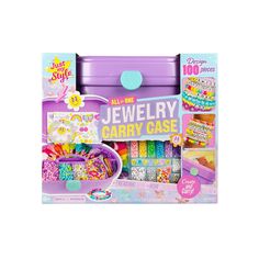 the jewelry party case is purple and has lots of colorful beads, bracelets, and other accessories