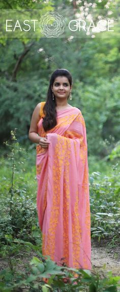 Featuring a coral pure georgette saree from EAST & GRACE with orange gingko leaf rows on pallu and skirt of the saree. It comes with an unstitched orange sleeveless blouse. Visit www.eastandgrace.com. Price: RS.13,000. Coral Saree, White Ethereal, Saree Blouse Styles, White Saree, Indian Fashion Saree, Pure Chiffon, Plain Blouse