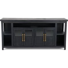 an entertainment center with two doors and three drawers on one side, in black finish