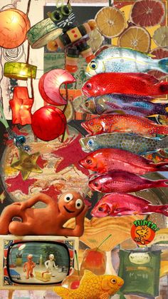 a collage of fish, oranges and other food items with a tv in the foreground