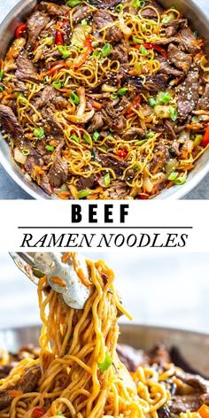 beef ramen noodles in a skillet with the words beef ramen noodles above it