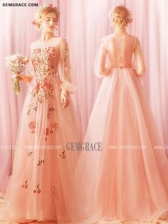 Fitted Long Sleeve Gown With Floral Applique, Long Sleeve Embroidered Gown For Spring, Long Sleeve Floral Applique Prom Dress, Long Sleeve Gown With Floral Embroidery For Banquets, Pink Ceremony Dress With Intricate Embroidery, Long Sleeve Embroidered Prom Dress, Floral Applique Long Sleeve Wedding Dress, Long Sleeve Wedding Dress With Floral Applique, Long Sleeve Dresses With Intricate Embroidery For Ceremony