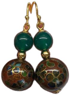 Chinese Earrings, 70s Earrings, 70s Green, Cloisonne Earrings, Agate Earrings, Onyx Earrings, Earrings Green, Onyx Bead, Green Agate