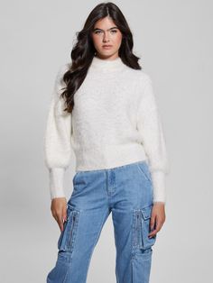 Fuzzy sweater Mock neckline Long balloon sleeves with dropped shoulders Pull-on design Yarn 71% Nylon, 29% Acrylic Long Balloons, Fuzzy Sweater, Bishop Sleeve, Mock Neckline, White Sweater, Balloon Sleeves, Sweater Sleeves, White Sweaters, Crewneck Sweater